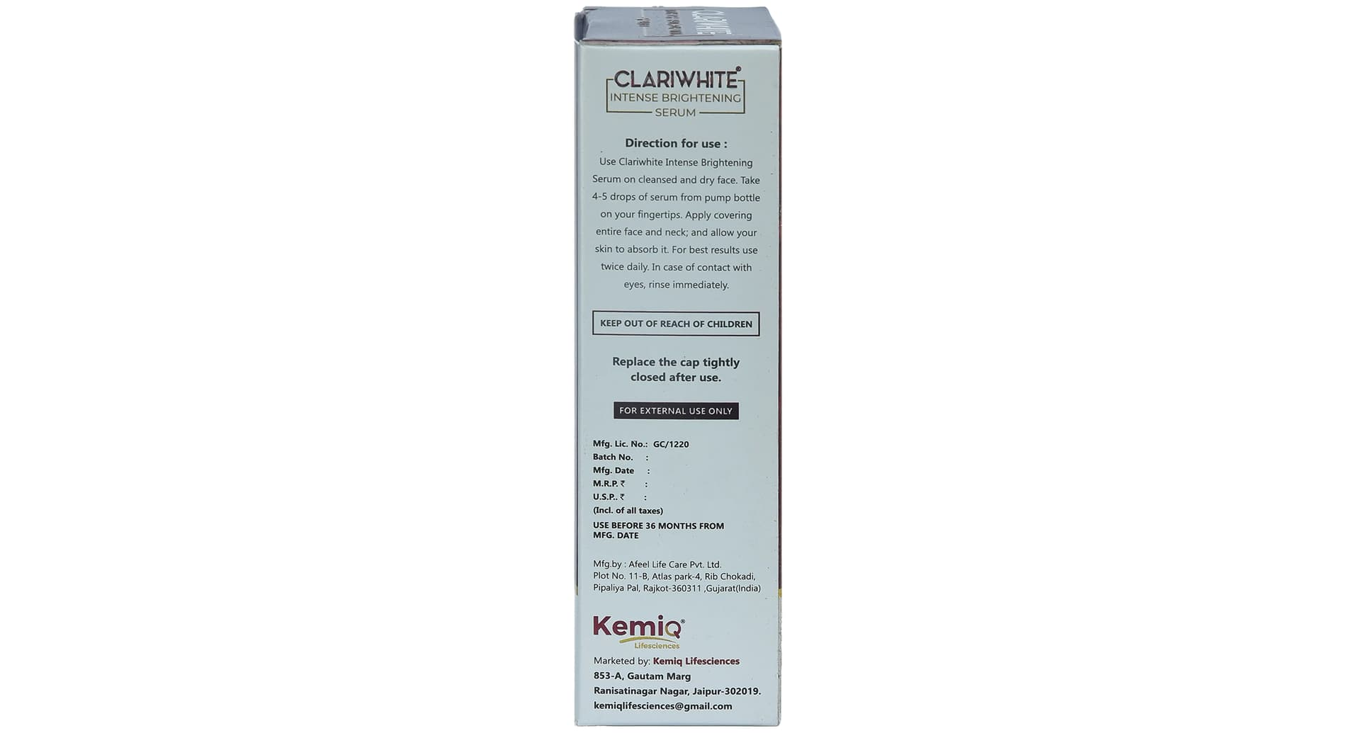Clariwhite Intense Brightening Serum ingredients panel