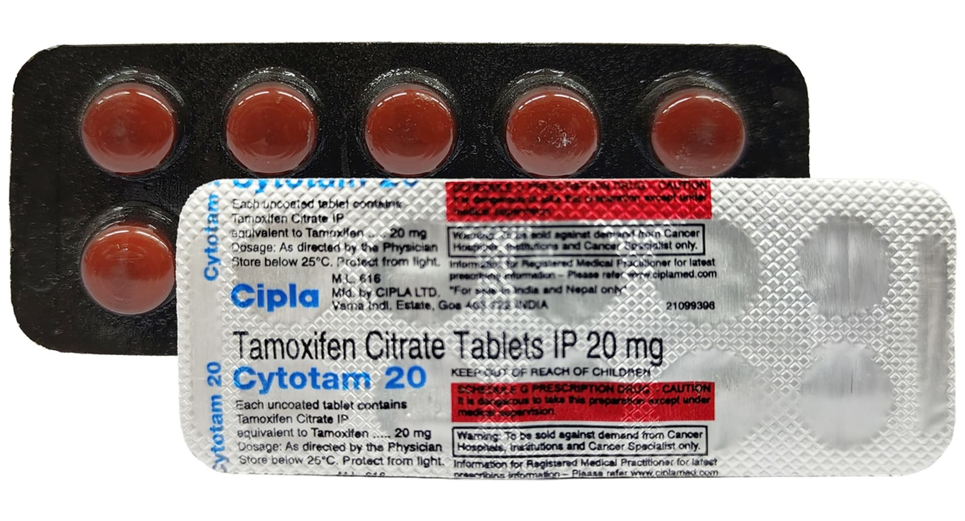 Cytotam 20 Tamoxifen Citrate 20mg tablets by Cipla - strip front and back