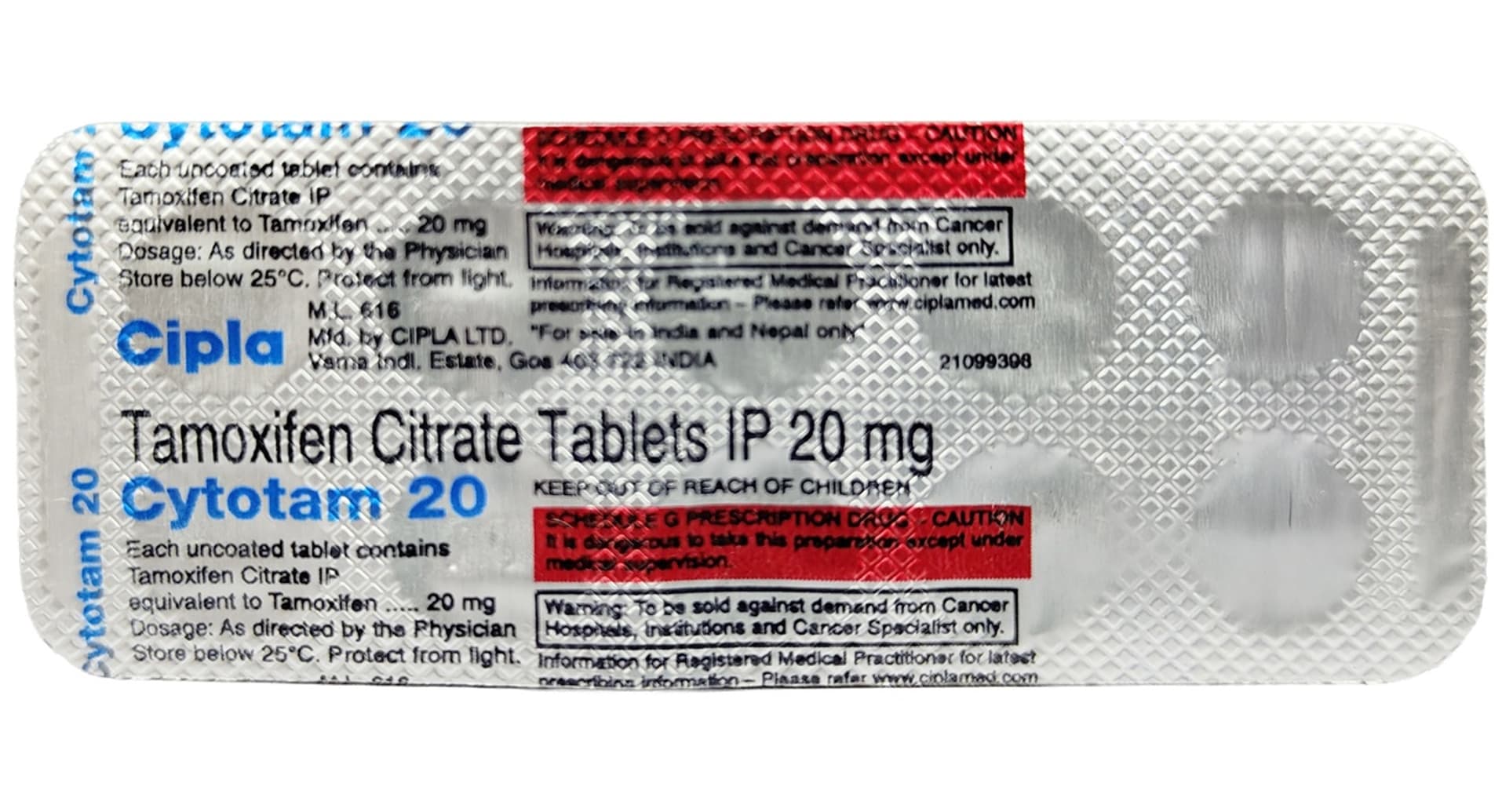 Cytotam 20 strip label showing Tamoxifen Citrate IP 20mg composition and Schedule G prescription warning