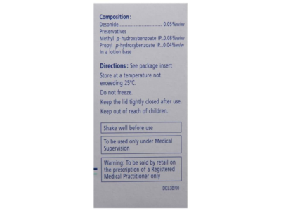 Desowen Lotion composition, storage and prescription warning panel