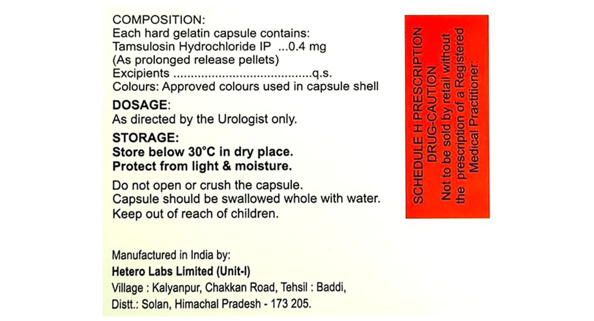 Dyotam 0.4 mg Capsule PR composition and Schedule H panel