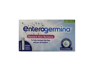 Enterogermina Bacillus clausii probiotic pack of 10 mini bottles carton front