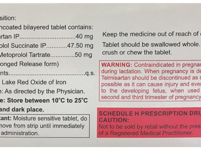 Eritel B composition panel - Telmisartan 40mg and Metoprolol Succinate 47.50mg prolonged release