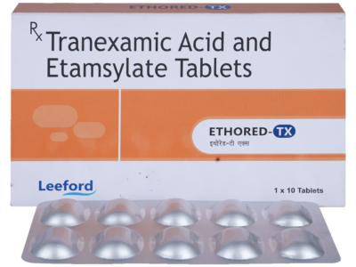 Ethored-TX tranexamic acid and etamsylate tablets carton and blister