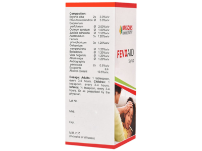Bakson's Fevoaid Syrup composition and dosage panel