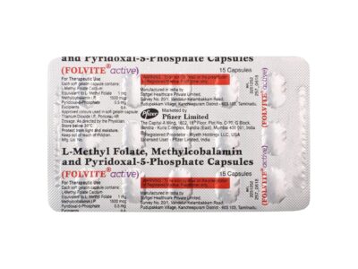 Folvite Active Capsule strip label with L-Methyl Folate, Methylcobalamin and Pyridoxal-5-Phosphate composition