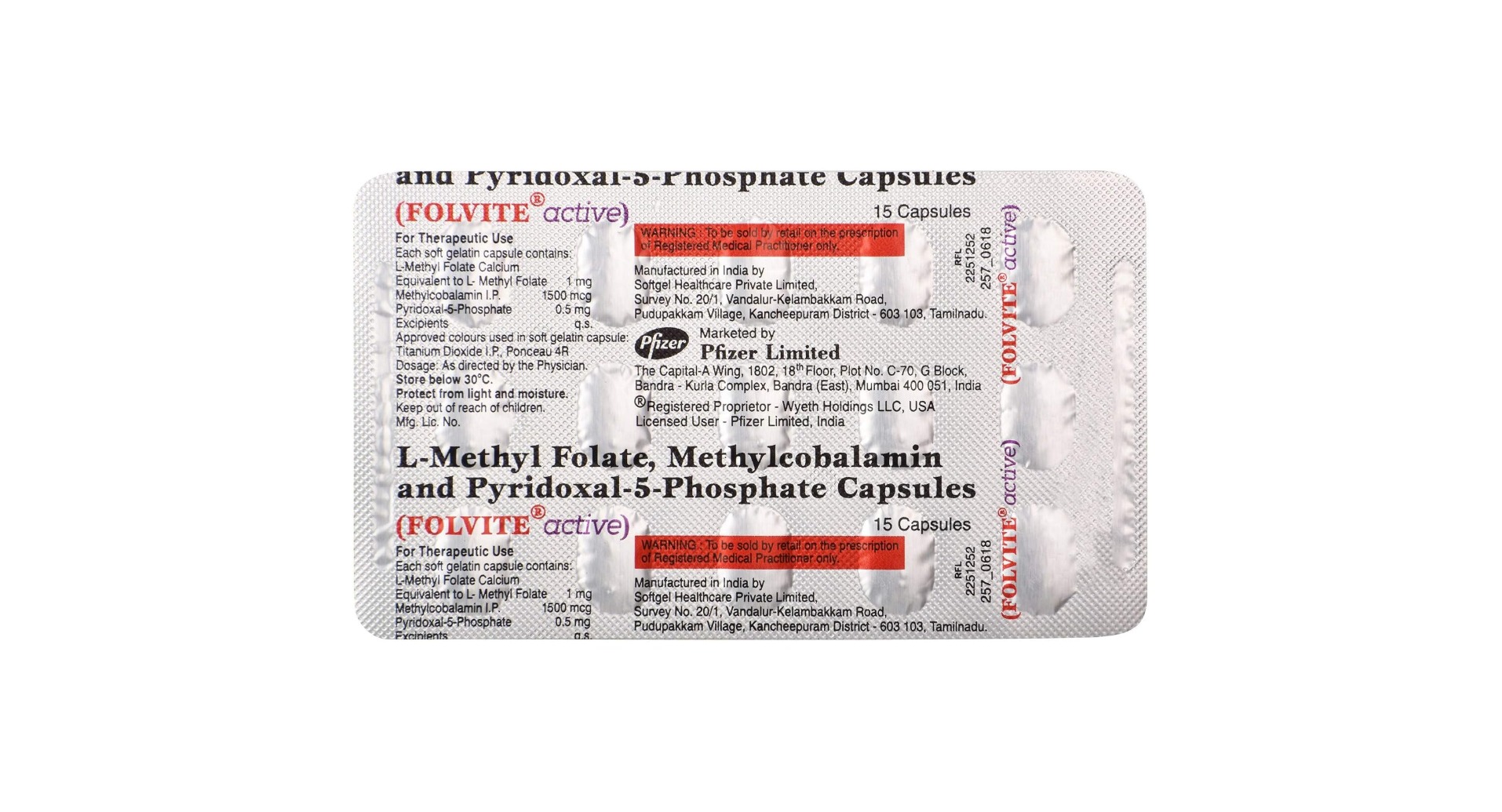Folvite Active Capsule strip label with L-Methyl Folate, Methylcobalamin and Pyridoxal-5-Phosphate composition
