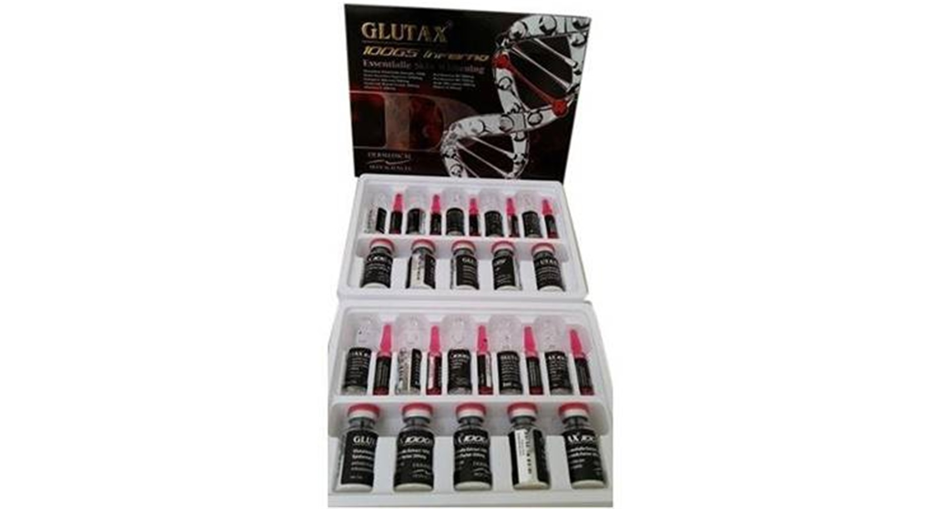 Glutax 100GS Inferno Essentialle skin whitening glutathione injection box with ampoules and vials