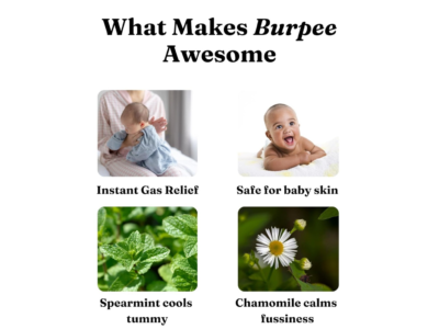 Greenatva Burpee benefits - gas relief, safe for baby skin, spearmint and chamomile