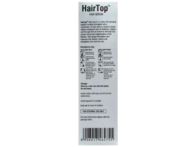 HairTop Hair Serum directions for use and storage panel