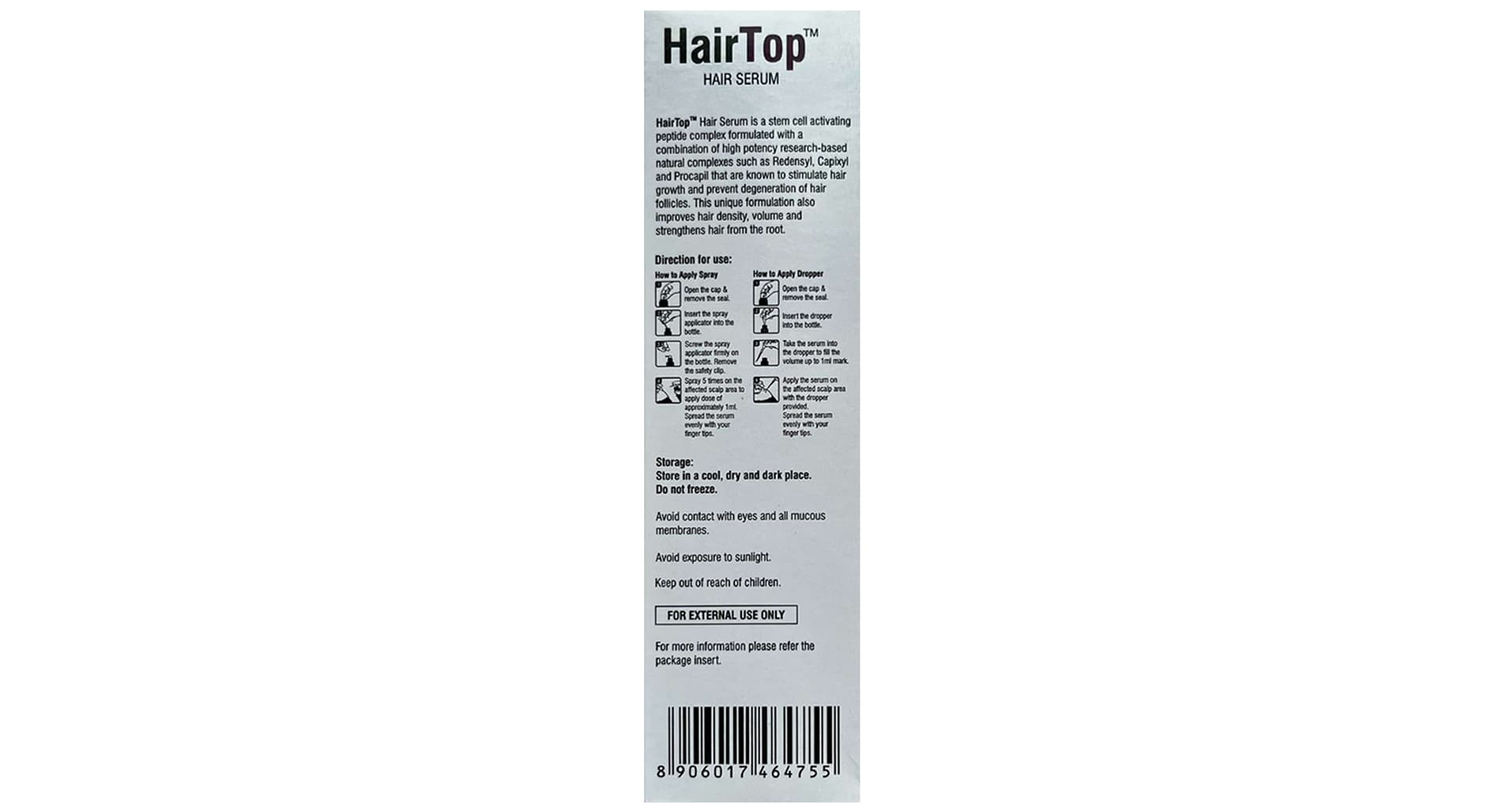 HairTop Hair Serum directions for use and storage panel
