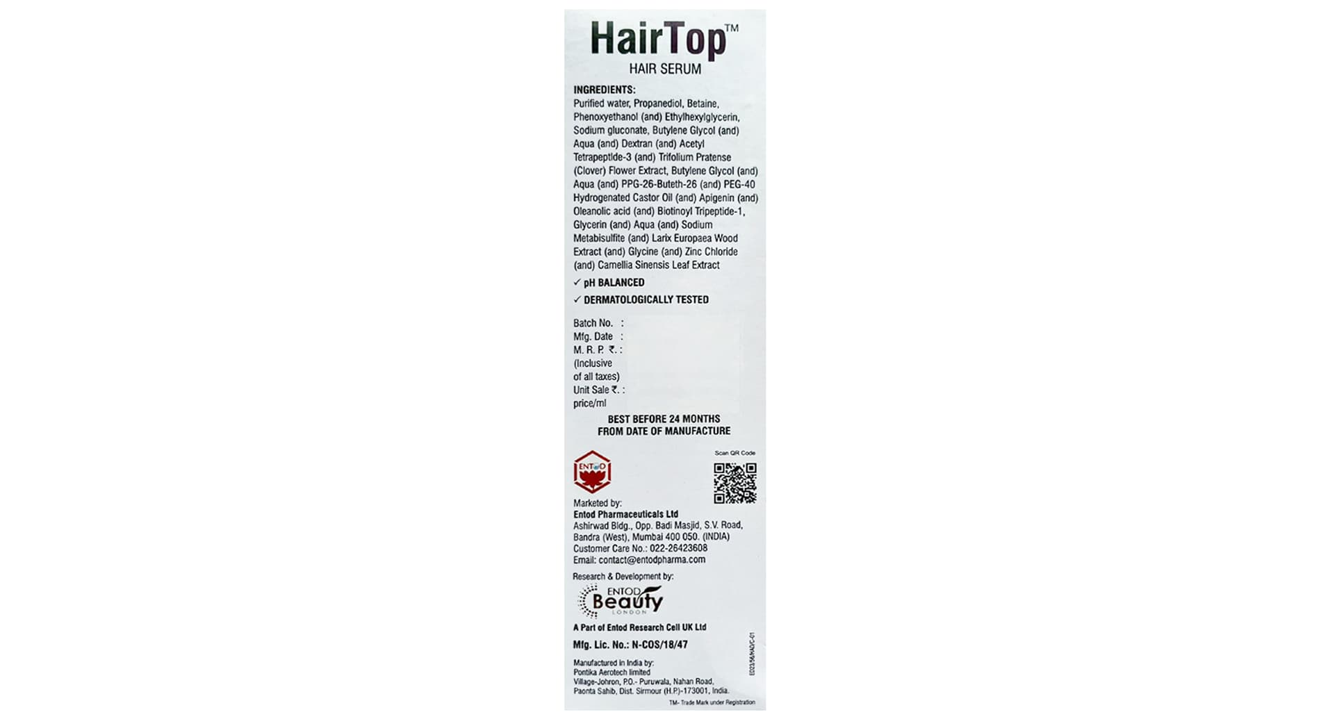 HairTop Hair Serum full ingredients list and Entod marketer details