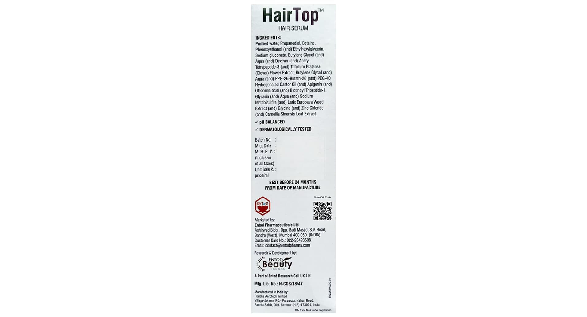 HairTop Hair Serum Entod Beauty London carton side view