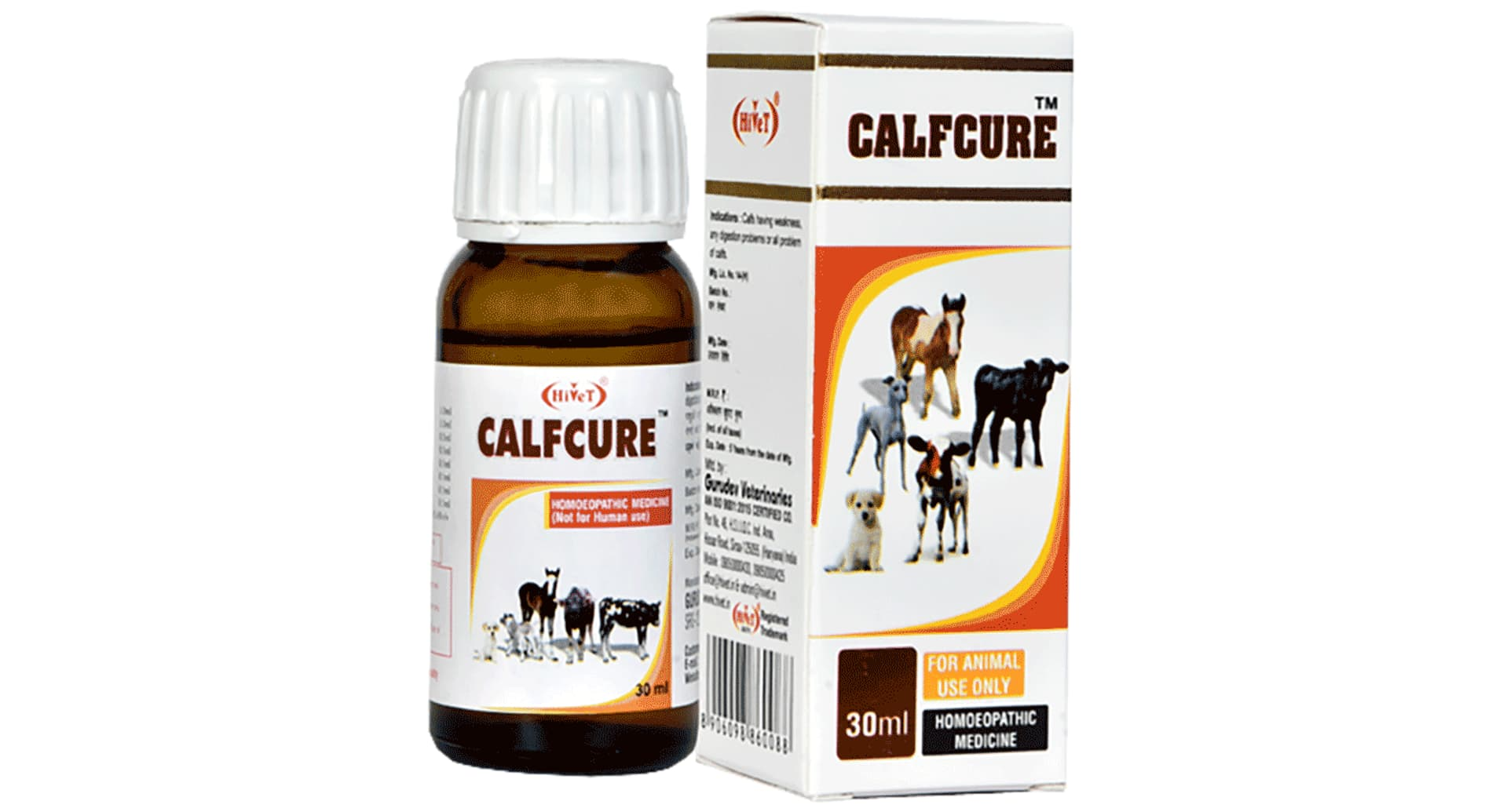 Hivet Calfcure homoeopathic veterinary medicine 30 ml bottle and carton