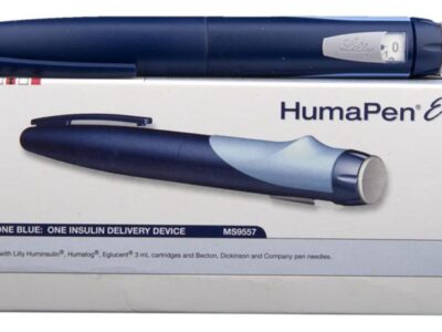 HumaPen Ergo II two-tone blue reusable insulin pen with Lilly carton