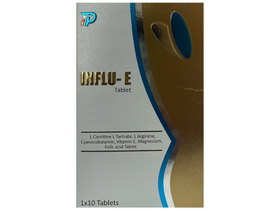Influ-E Tablet pack front with L Carnitine L Arginine Vitamin E composition