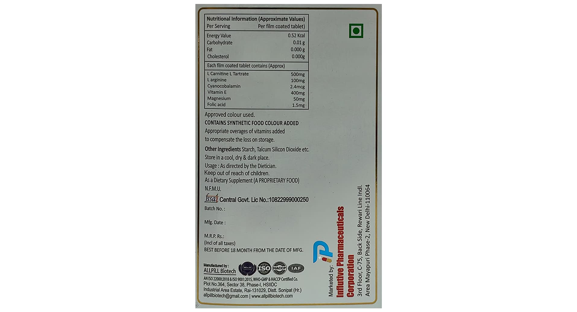 Influ-E Tablet nutritional information and ingredient label