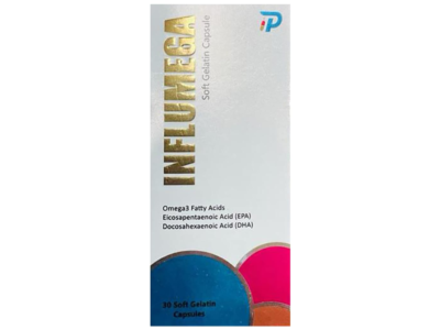 Influmega Soft Gelatin Capsule pack front with Omega 3 EPA DHA