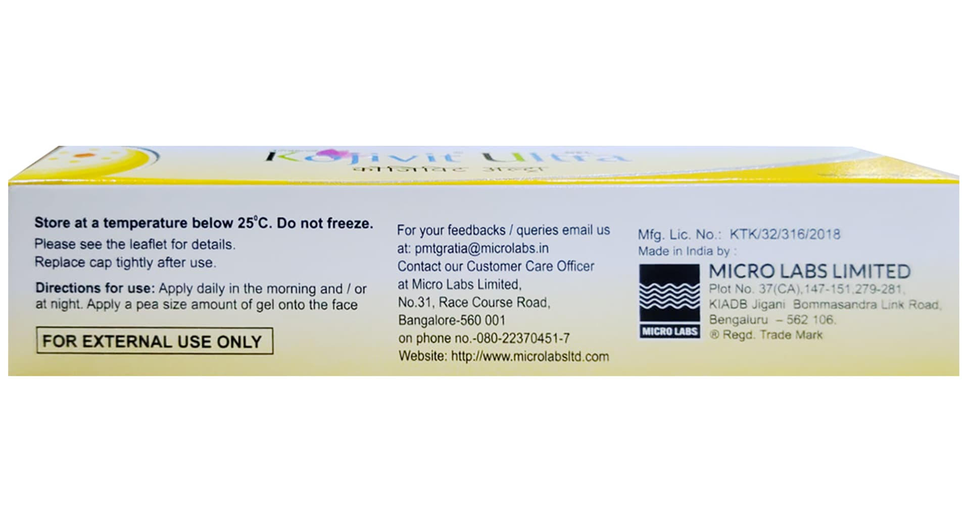 Kojivit Ultra Gel directions for use and Micro Labs panel
