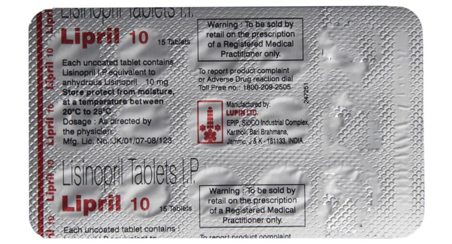 Lipril 10 mg Tablet Lupin lisinopril 10 mg strip of 15 tablets