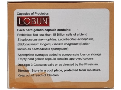 Lobun Capsule composition panel showing 15 billion CFU probiotic blend and dosage