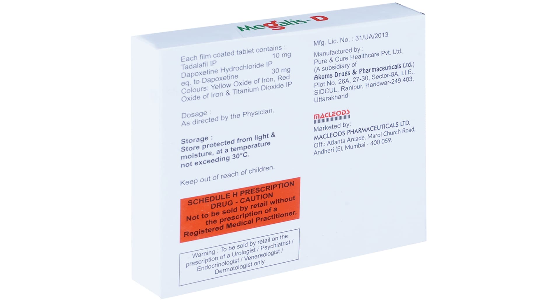 Megalis-D 10mg/30mg composition panel - Tadalafil 10mg and Dapoxetine 30mg, Schedule H warning