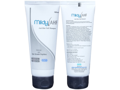 Mildy AHF Anti Hair Fall Shampoo 100 ml tube front and back with ingredients