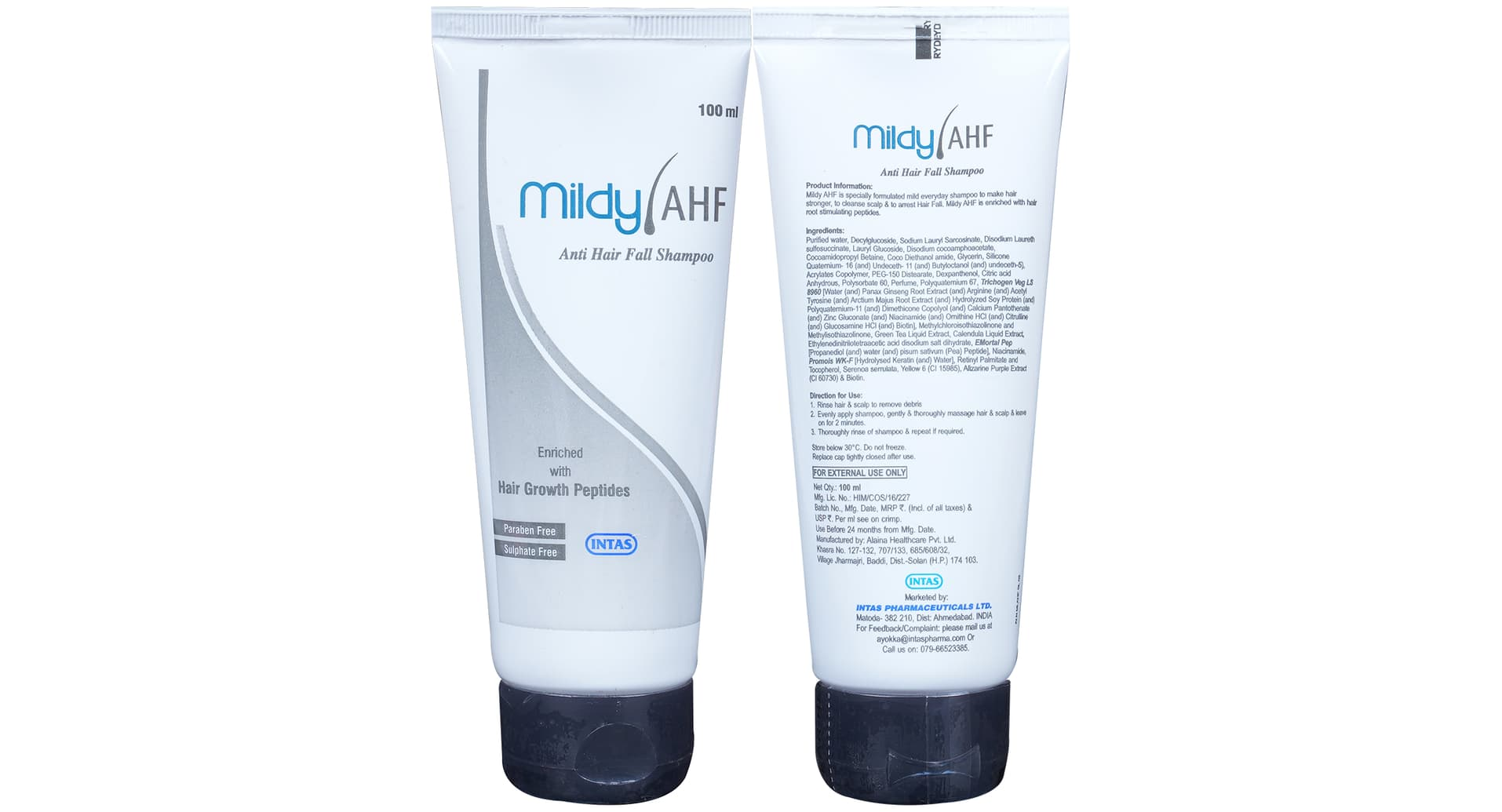 Mildy AHF Anti Hair Fall Shampoo 100 ml tube front and back with ingredients
