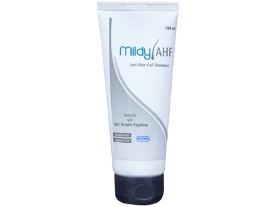Mildy AHF shampoo tube front with hair growth peptides claim