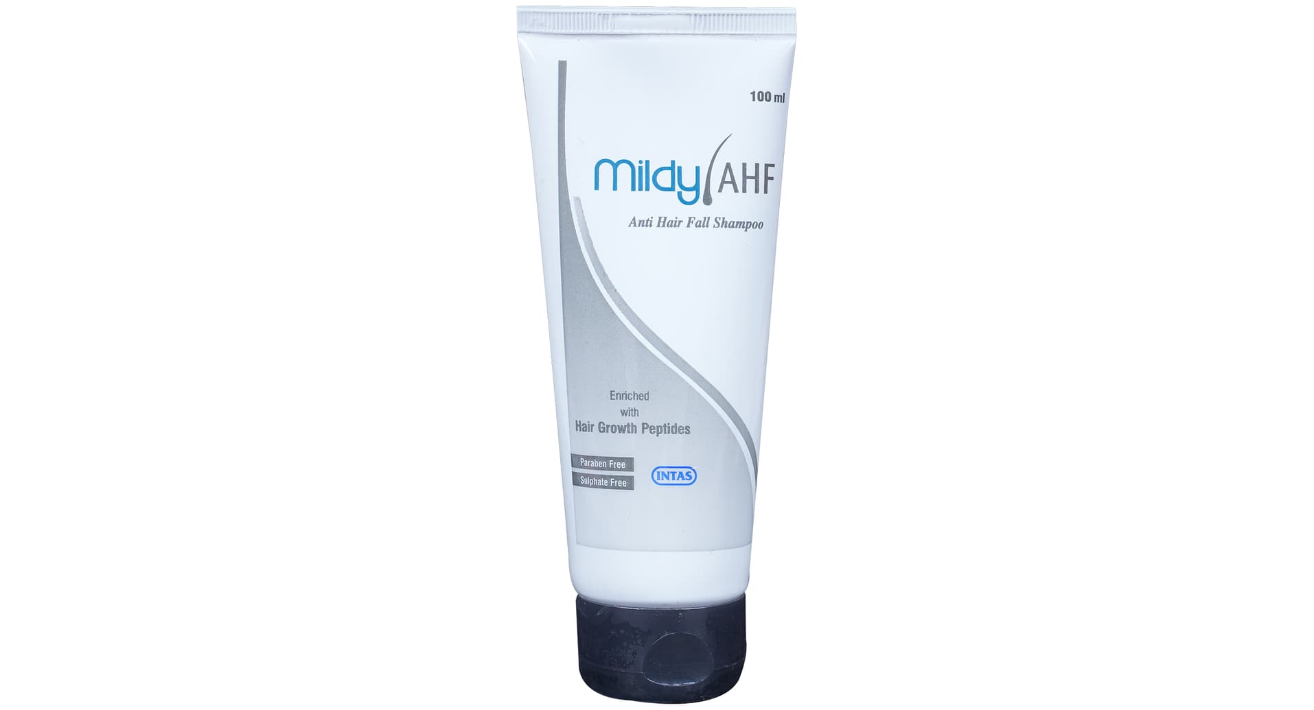 Mildy AHF shampoo tube front with hair growth peptides claim
