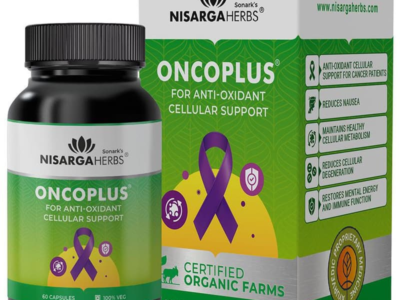 Nisarga Herbs Oncoplus Veggie Caps box and bottle, 60 vegicaps