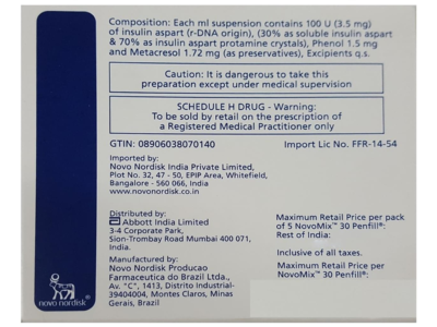 NovoMix 30 Penfill composition, Schedule H warning and storage details