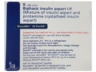 NovoMix 30 Penfill 100 IU/ml biphasic insulin aspart pack front