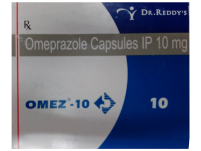 Omez-10 omeprazole capsules IP 10 mg Dr Reddys carton front