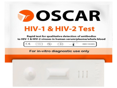 Oscar HIV-1 and HIV-2 rapid test pouch and cassette close up