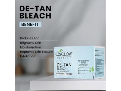 OxyGlow Herbals D-Tan Bleach Cream carton with benefits and ingredients panel