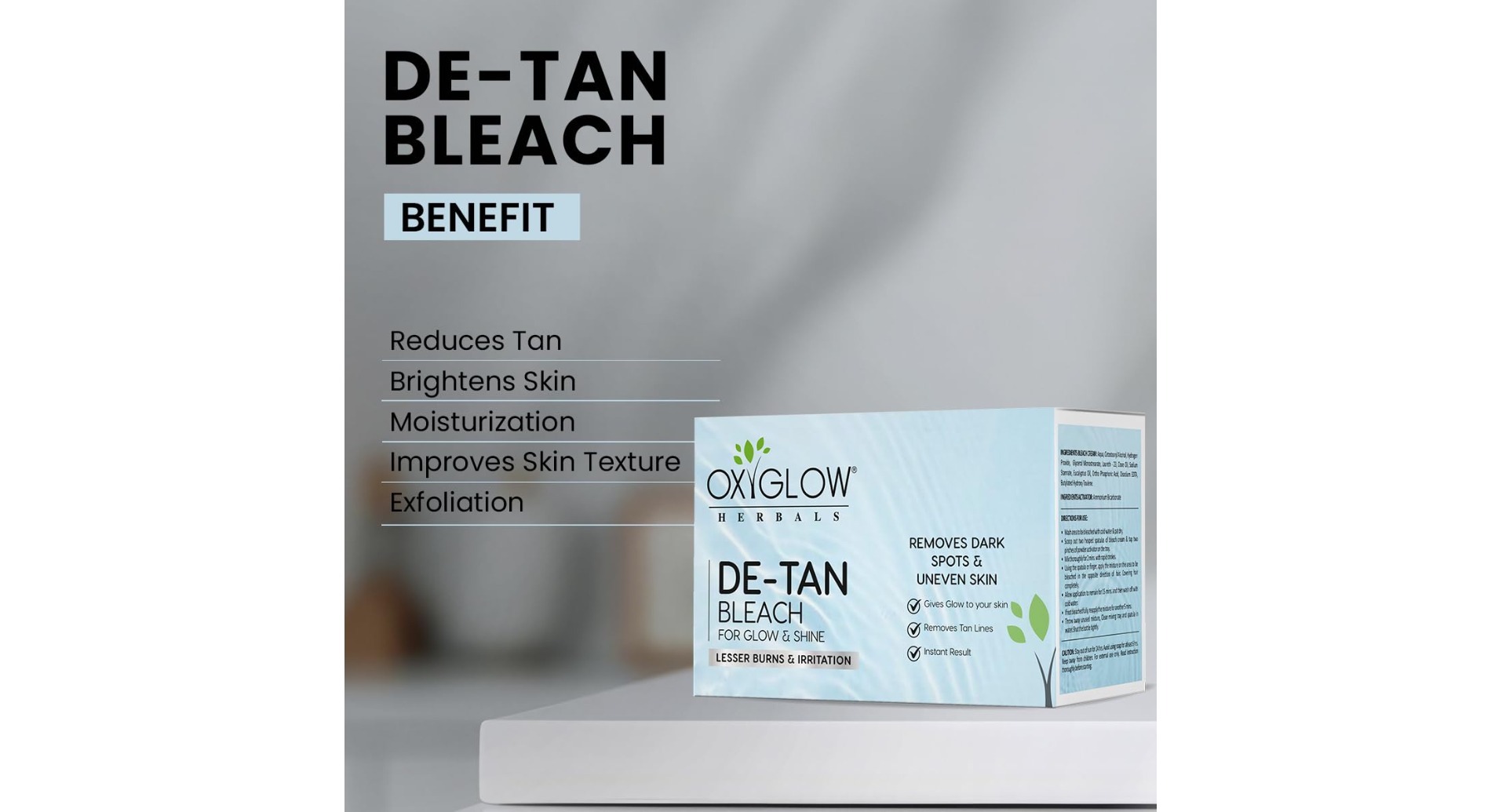 OxyGlow Herbals D-Tan Bleach Cream carton with benefits and ingredients panel