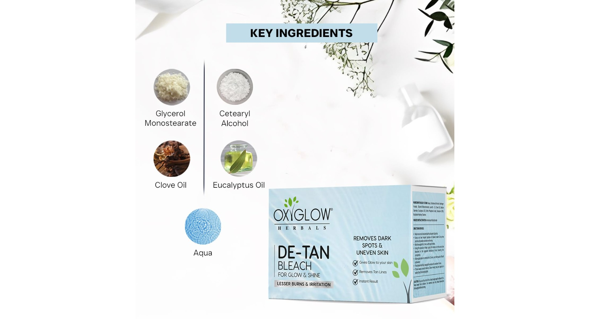 OxyGlow Herbals D-Tan Bleach Cream key ingredients clove oil eucalyptus oil
