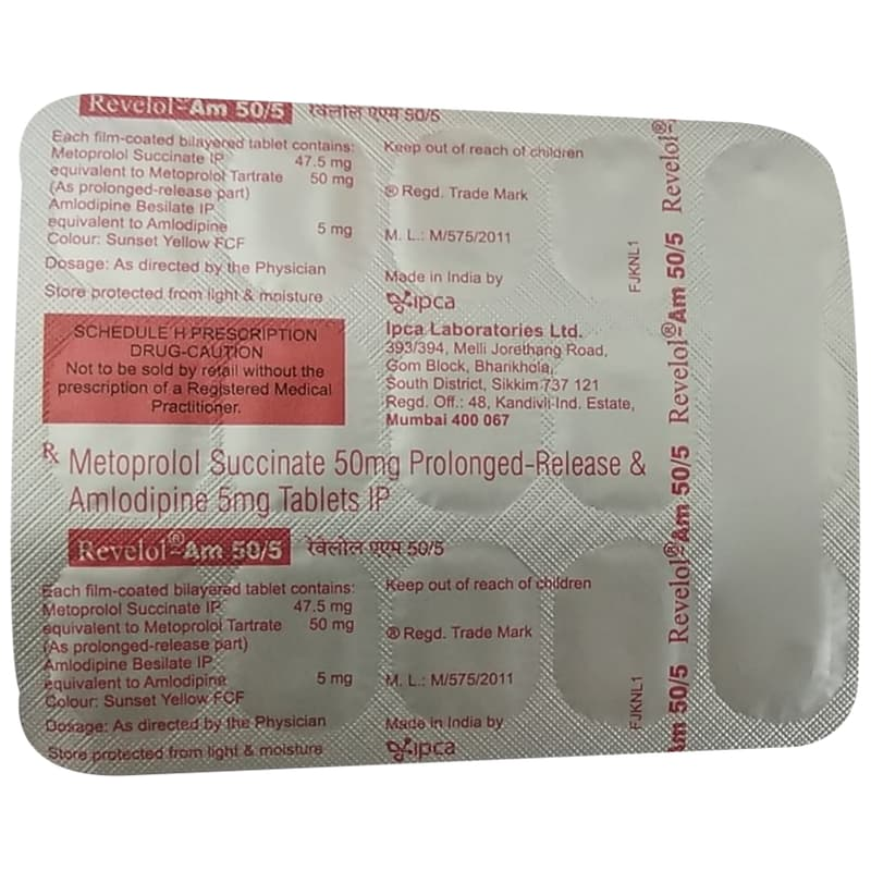 Revelol-AM 50/5 Tablet PR blister back panel