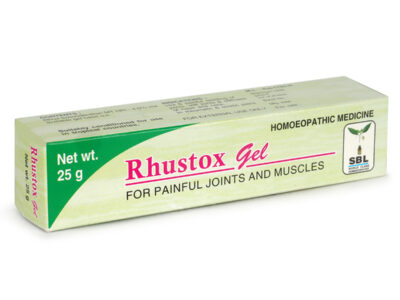 Rhustox Gel side angle showing composition and indications