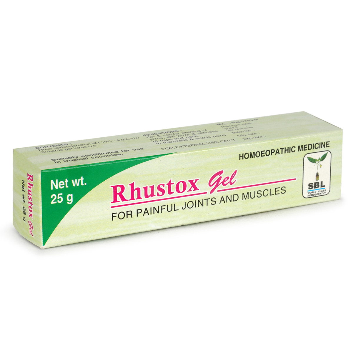 Rhustox Gel side angle showing composition and indications