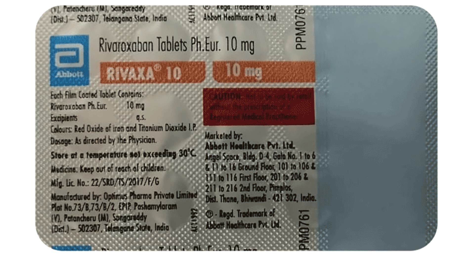RIVAXa 10mg Tablet composition and pack details