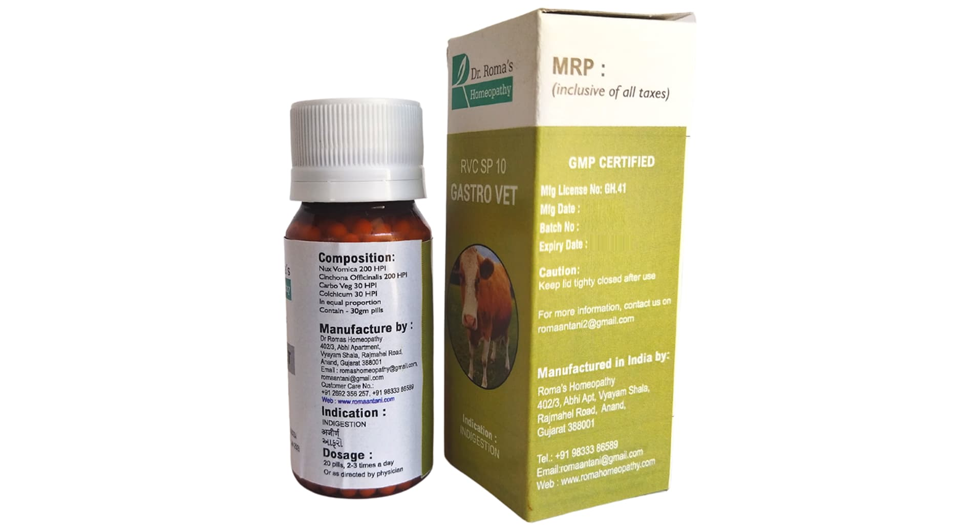 Dr Romas RVC SP 10 Gastro Vet homoeopathic globules composition and carton