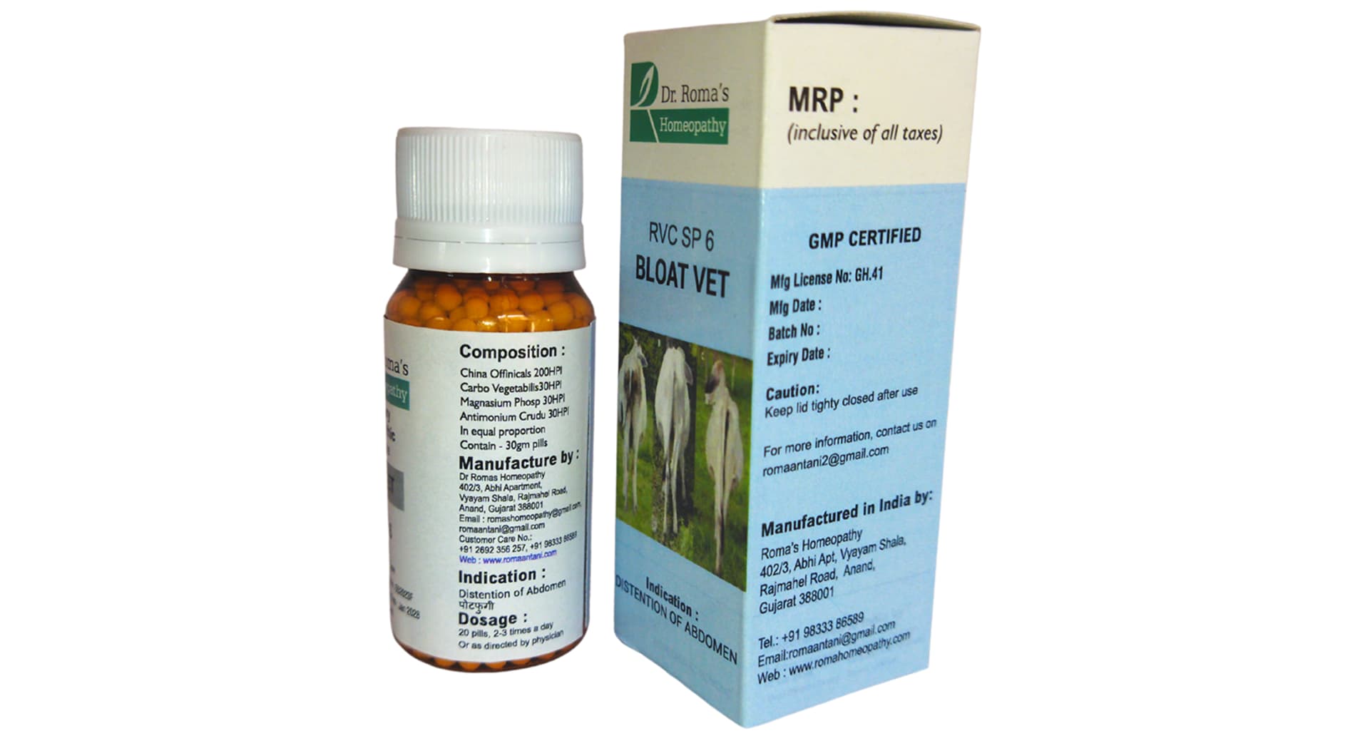 Dr Romas RVC SP 6 Bloat Vet homoeopathic globules composition and carton