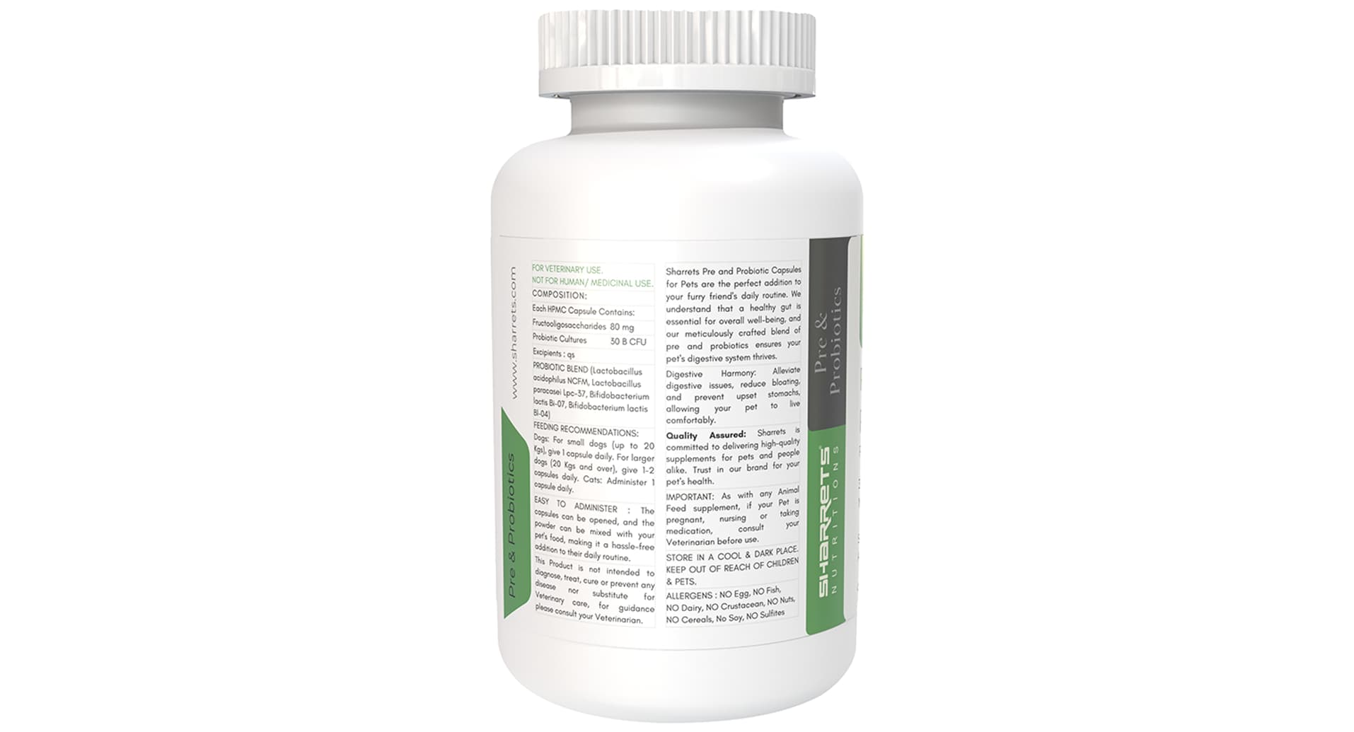 Sharrets Pre and Probiotics for Pets composition, feeding recommendations and allergen panel