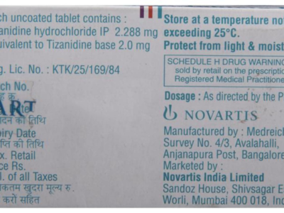 Sirdalud 2 mg Tablet composition and Schedule H panel