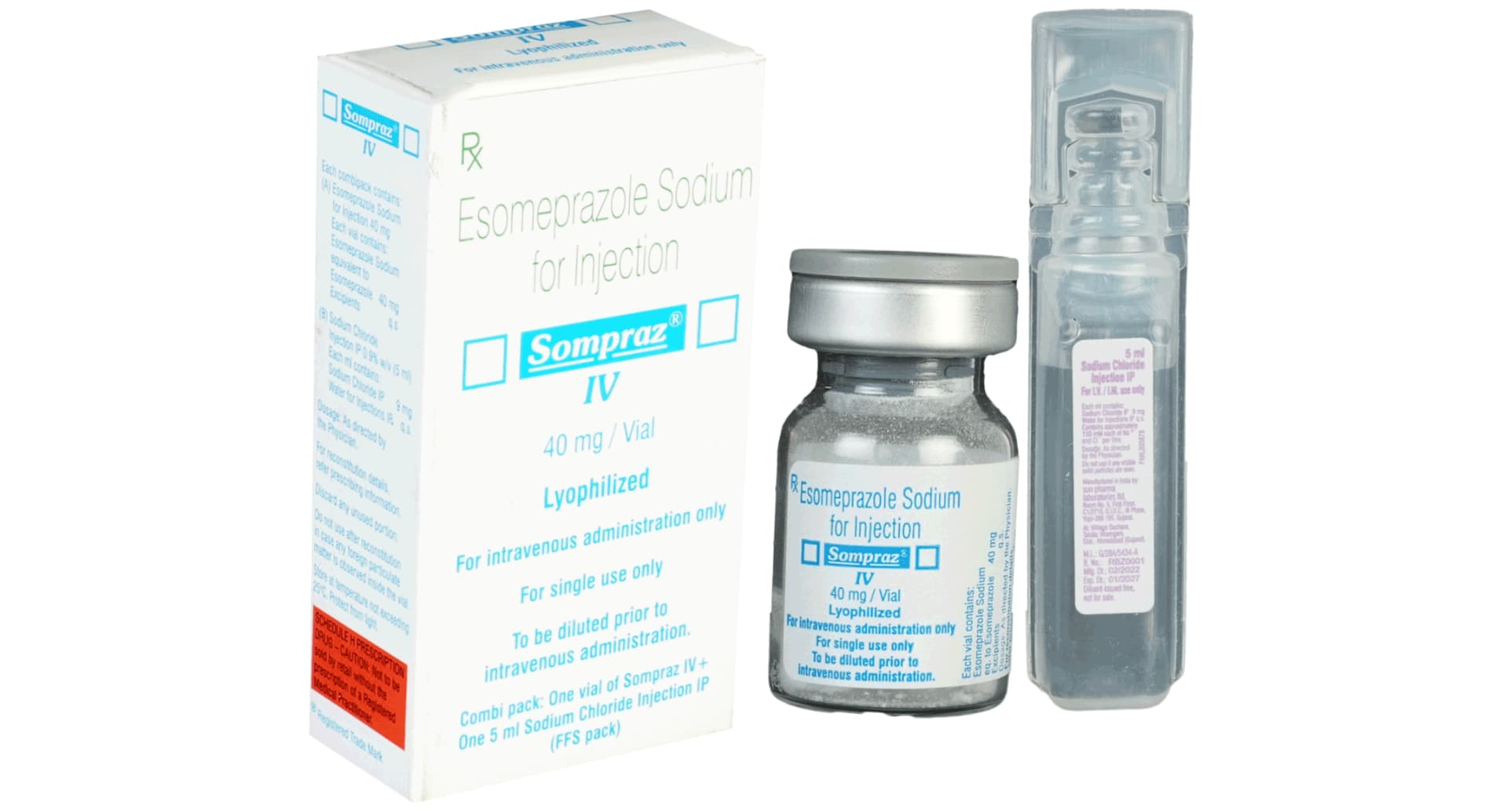 Sompraz IV 40 mg esomeprazole sodium for injection Sun Pharma carton with vial and diluent