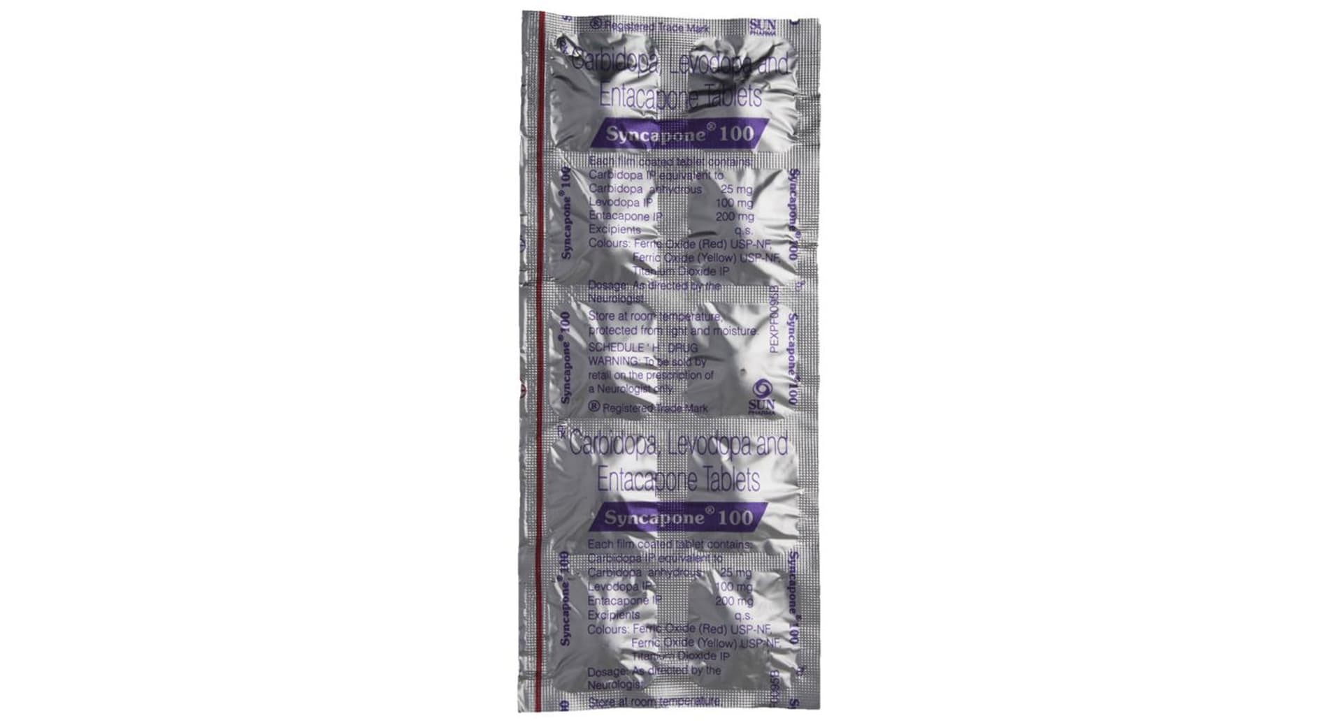 Syncapone 100 Tablet Sun Pharma levodopa carbidopa entacapone strip