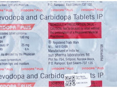 Syndopa Plus Tablet strip composition and Schedule H panel