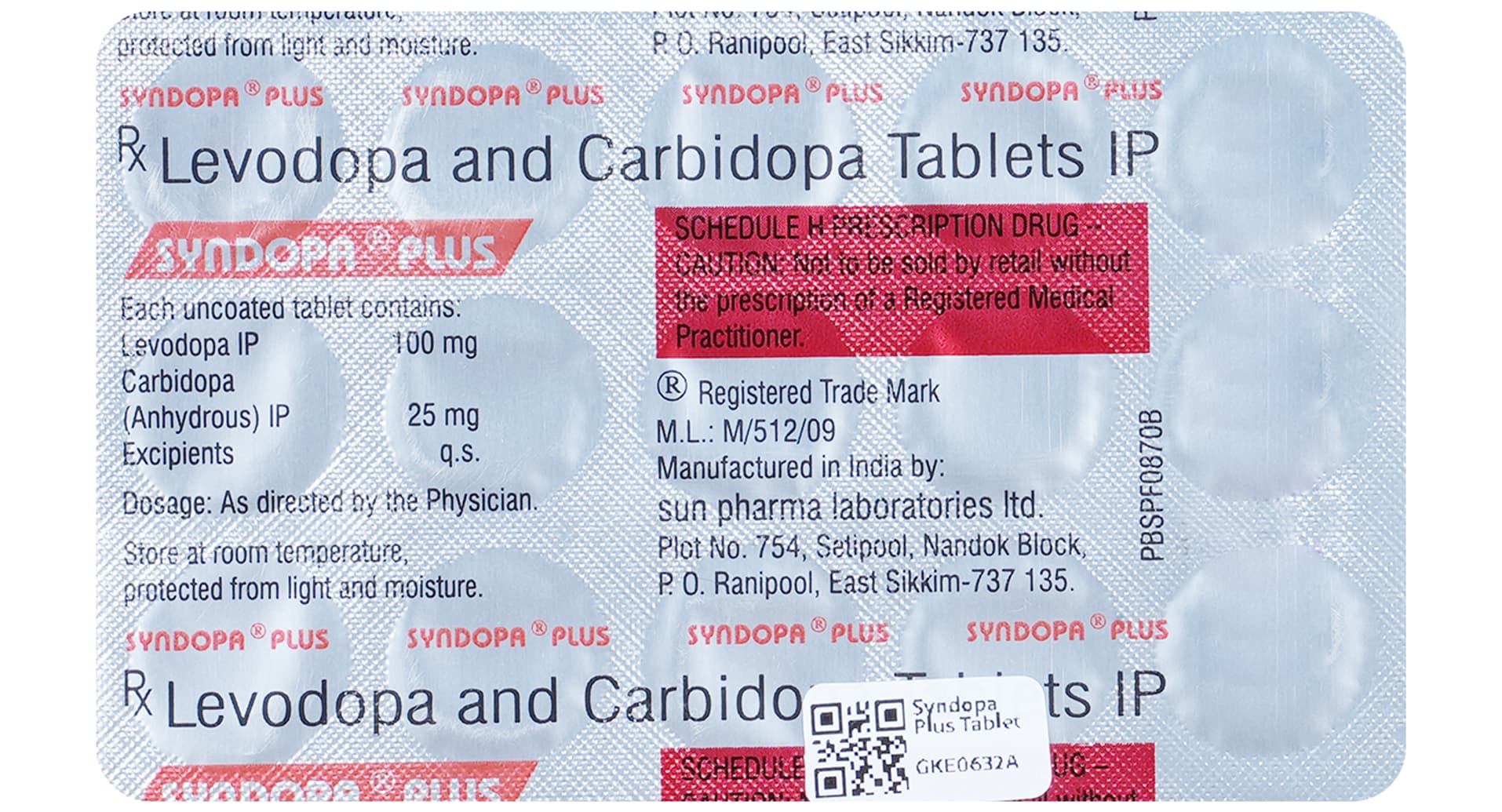 Syndopa Plus Tablet strip composition and Schedule H panel